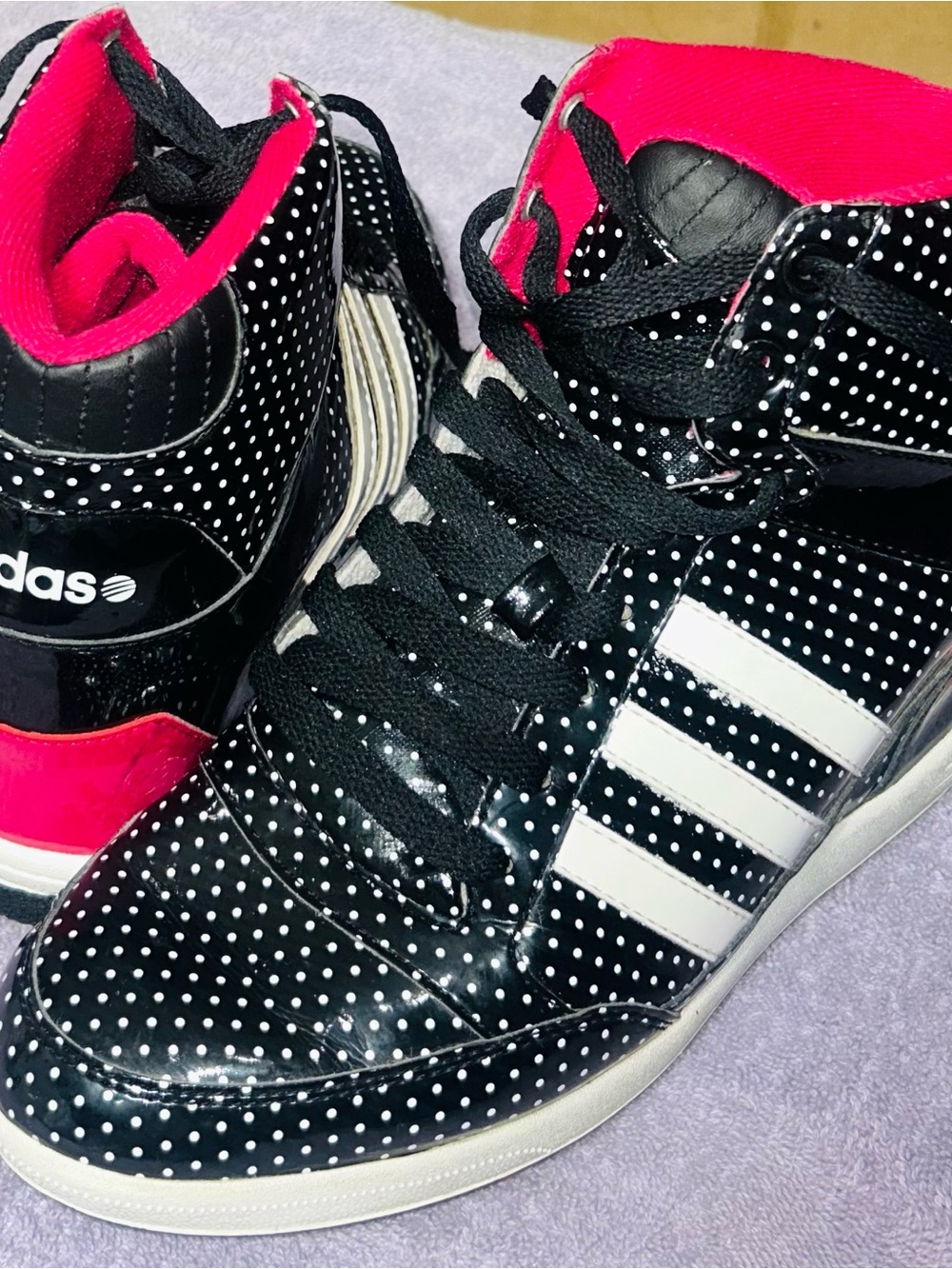 adidas Black Polka Dot High-Top Sneakers with White Stripes and Pink Interior
